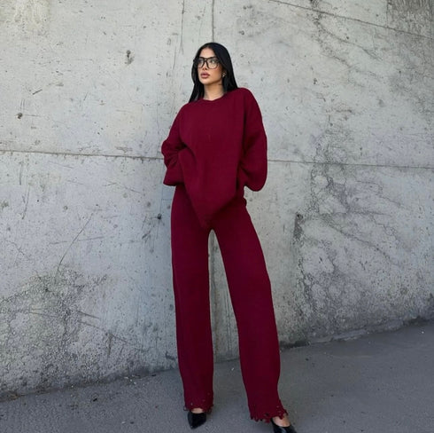 WOMEN KNITTED DISTRESSED CO-ORD SET - WINE RED